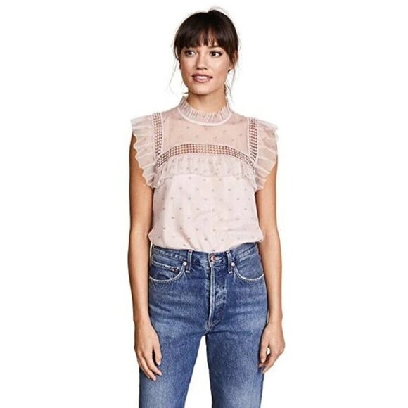 BB Dakota Roslyn Swiss Dot Victorian Blouse Pink Ruffle Women's Size M - Picture 1 of 6